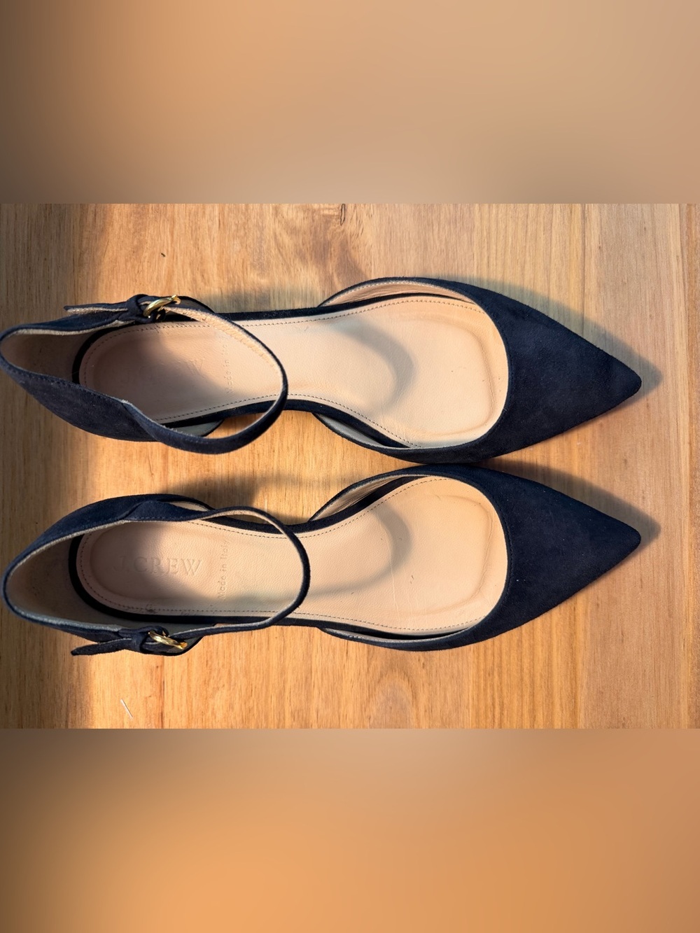 J. Crew Black Suede Pointed-Toe Ankle-Strap Flats (Made in Italy)